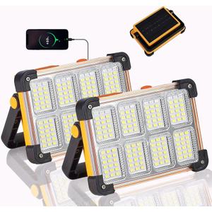 120W LED Solar Work Light, 144 LED 10000LM Portable Flood Light with Stand, 4 Modes Rechargeable, IP65 Waterproof Outdoor Working Light for Camping, Fishing, Car Repair & Mechanics (2) (Yellow 2 Pack)