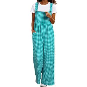 Happy Sailed Womens Plaid Overalls Casual Loose Sleeveless Adjustable Straps Wide Leg Pants Jumpsuit with Pockets (Blue, M)