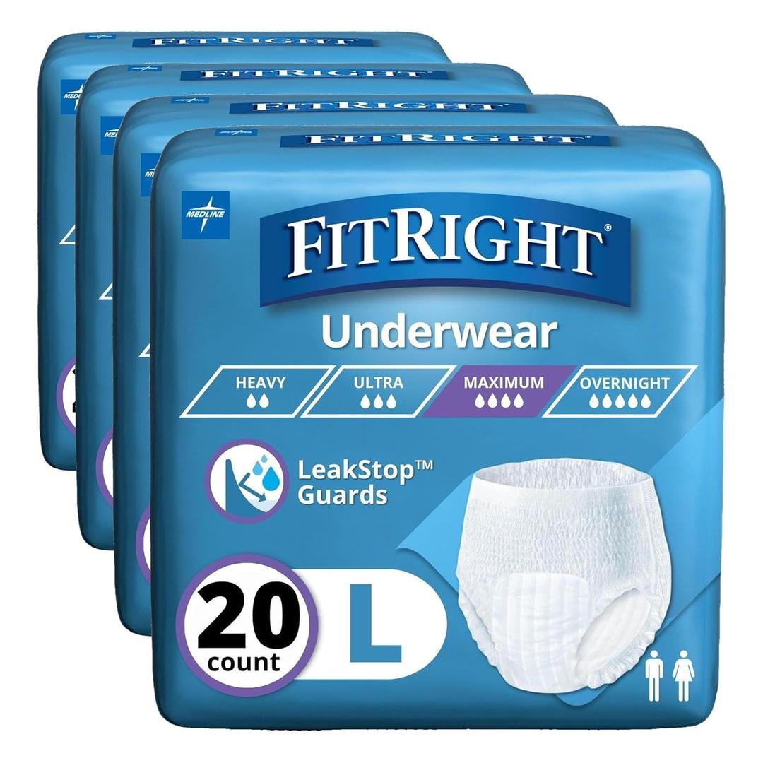 FitRight Super Protective Unisex Incontinence Underwear, Maximum Absorbency, Large (40-56 Inch Waist), Dependable Comfort & Leak Protection, 20 Count (Pack of 4)