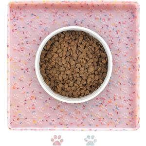 Ptlom Dog Food Mat Anti-Slip Dog Bowl Mats for Food and Water, Waterproof Pet Placemat Prevents Messy Spill to Floor, Silicone Puppy Feeding Tray for Small, Medium and Large Dogs Cats, Pink (11.8"L x 11.8"W)