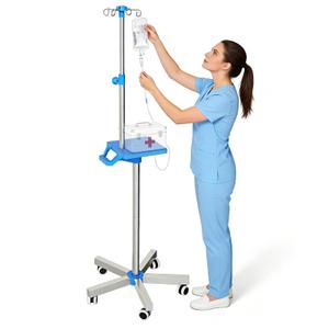 IV Pole with Wheels, Adjustable 52.3"–70.8" Stainless Steel IV Stand, 9" x 7" Tray, Height-Adjustable Handle, 4 Fluid Bags Holder, 5-Wheel Base