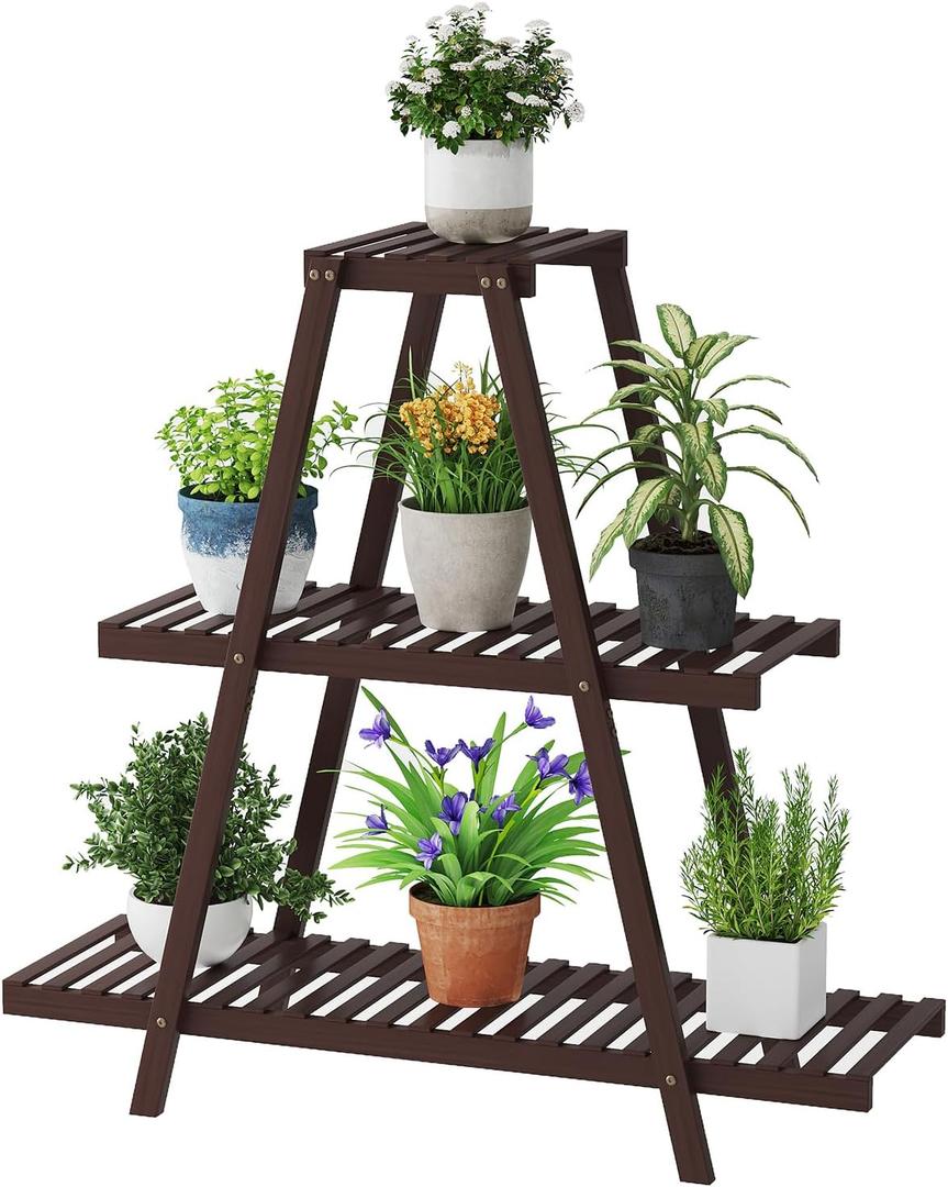 Plant Stand For Indoor Outdoor Tiered Plant Shelf 3 Tier 8 Potted Bamboo Flower Holder Ladder Rack For Multiple Triangle Table Plant Pot Stand (Brown)