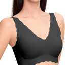 Ubras Deep V Seamless Bras for Women Scalloped Wireless Bralette Comfortable Soft Everyday Sleep Bras Smart Size (Medium, Black)
