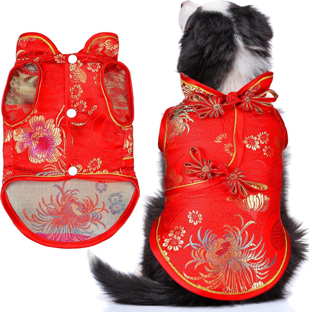 Dog New Year Costume Chinese Knot Buttons for Dog Puppy Chinese Style Tang Suit Pet Spring Festival Satin Clothes Vest Tang Dynasty Winter Coat(M)