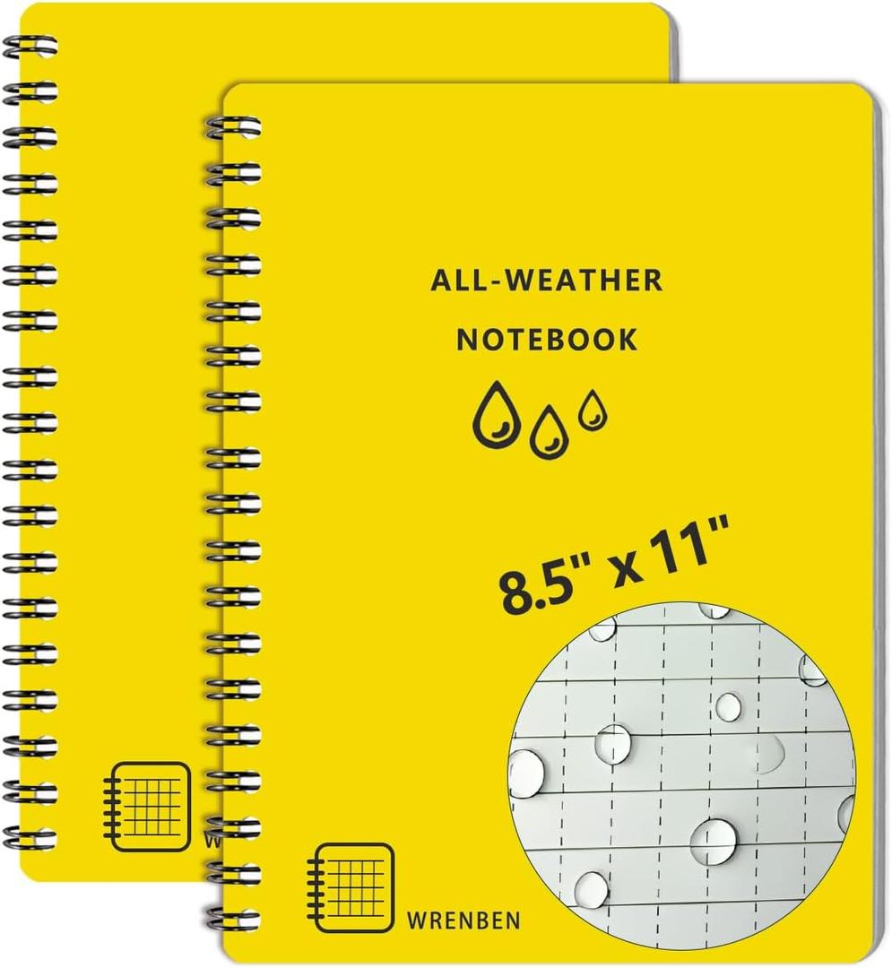 2PCS Large Waterproof Spiral Notebooks 8.5x11 Inch with Waterproof Stone Paper and Hard Cover, Grid Pattern, 100 Pages Per Weatherproof Notepad A4 Size for Outdoor Field (8.5" x 11", Yellow)