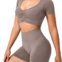 TAYOEA Crop Tops Workout for Women Yoga Short Sleeve Shirts Seamless V-Neck Gym T Shirts with Built in Pads (Brown, M)