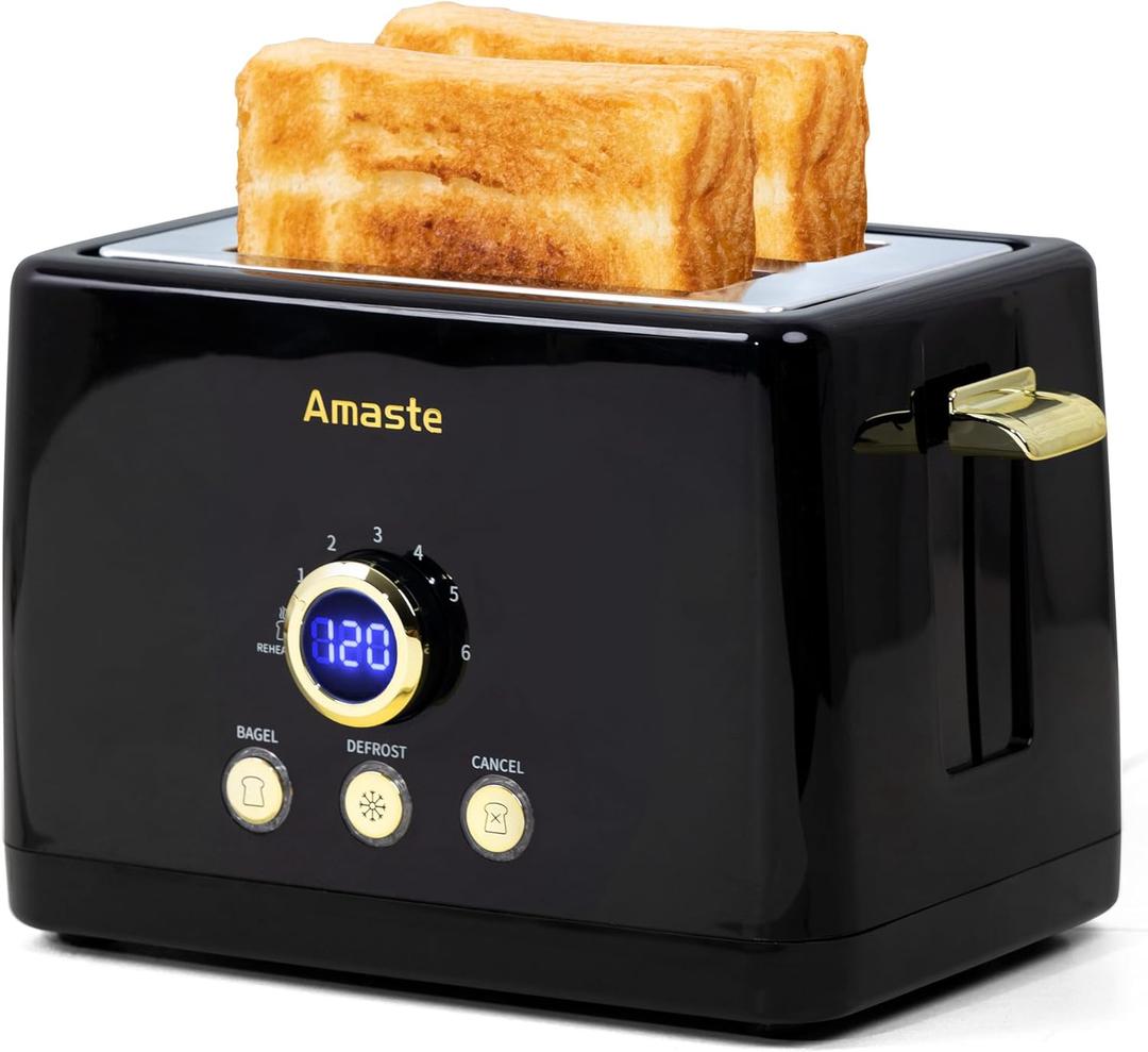 2 Slice Toaster, Retro Bread Toaster with LED Display, Extra Wide Slots Toasters with 6 Bread Shade Settings, Bagel, Cancel, Defrost Function, Stainless Steel with High Lift Lever, Removal Crumb Tray (Arabica Black)