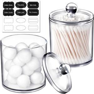SheeChung 2 Pack Qtip Dispenser Apothecary Jars Bathroom with Labels - Qtip Holder Storage Canister Clear Plastic Acrylic Jar for Cotton Ball, Pads, Swab,Q-tips, Rounds (Small)