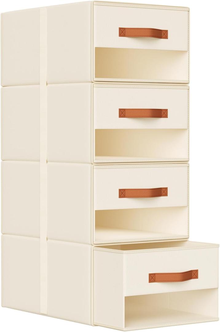 DIMJ Closet Organizers and Storage - Pull-out Fabric Bins with Drawers for Closet Foldable Clothes Organizers with Clear Window, Stackable Storage Drawers for Bedroom,Living Room,Shelf,4-Pack, Beige