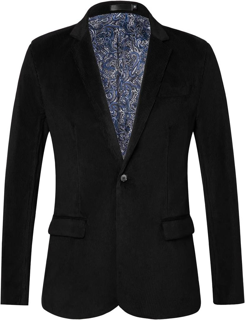WZIKAI Men's Casual Corduroy Blazer Jacket Slim Fit One Button Work Wear Sport Coat (Medium, Black)