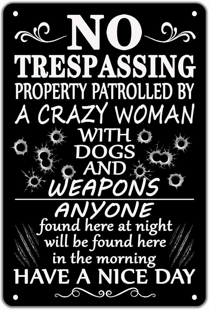 Funny No Trespassing Signs Private Property No Soliciting Yard Sign Beware Of Dog Warning Metal Tin Signs For House Door Home Protected Sign 8'' X 12'' (black)