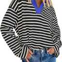 ZESICA Womens Striped Long Sleeve Tops Oversized Sweatshirt V Neck Loose Fit Tunic Tops Spring Casual Blouses (Blue, S)