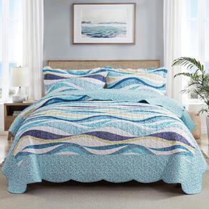 HoneiLife California King Quilt 120x120 - Beach Quilt 3 Pieces, Coastal Quilt Sets, Oversized King Bedspreads, Nautical Bedspreads Ocean Coverlets, Lightweight Bed Cover, Summer Quilts (Flowing Sands-yellow)