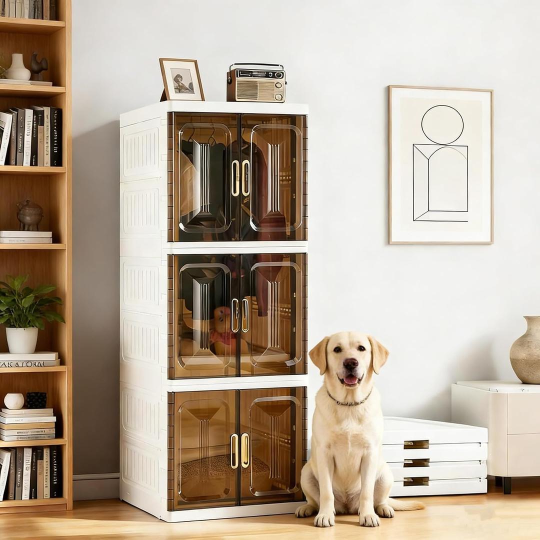 YHB Easy Assembly Wardrobe Portable Closet Storage Cabinet, Pet Collapsible Clothes Organizers,White, Collapsible Wardrobe with Visualization Doors, Rolling Wheels, 3-tier