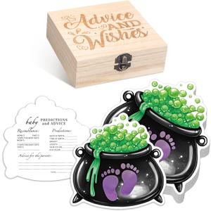 50 Pcs Double Side Fall Baby Prediction And Advice Game Cards with Wooden Keepsake Box Floral Pumpkin Thanksgiving Day Game Cards(A Baby is Brewing)