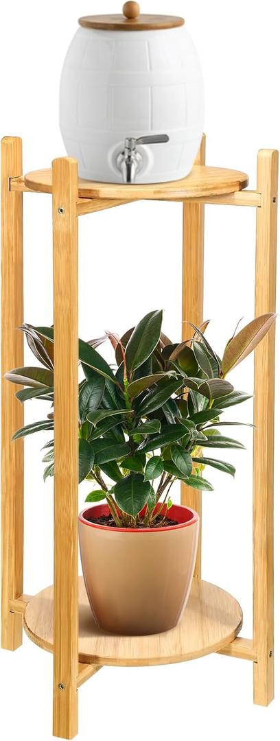 DoubleFill Water Dispenser Floor Stand Water Jug Stand with 2 Round Shelves, 26'' Bamboo Holder for Bottles, Crocks, Plants, Easy Assembly with Included Hardware(Wood Color)