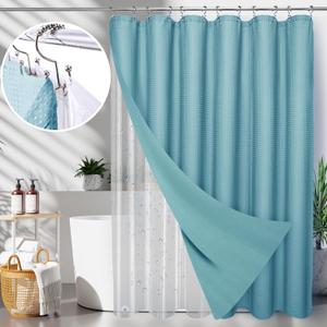LaCyan 3 in 1 Waterproof Waffle Weave Shower Curtain and Clear Liner Set with 12 Stainless Steel Hooks Double Sided for Bathroom 72 Inches Heavy Duty Polyester Fabric Shower Curtains 72x72