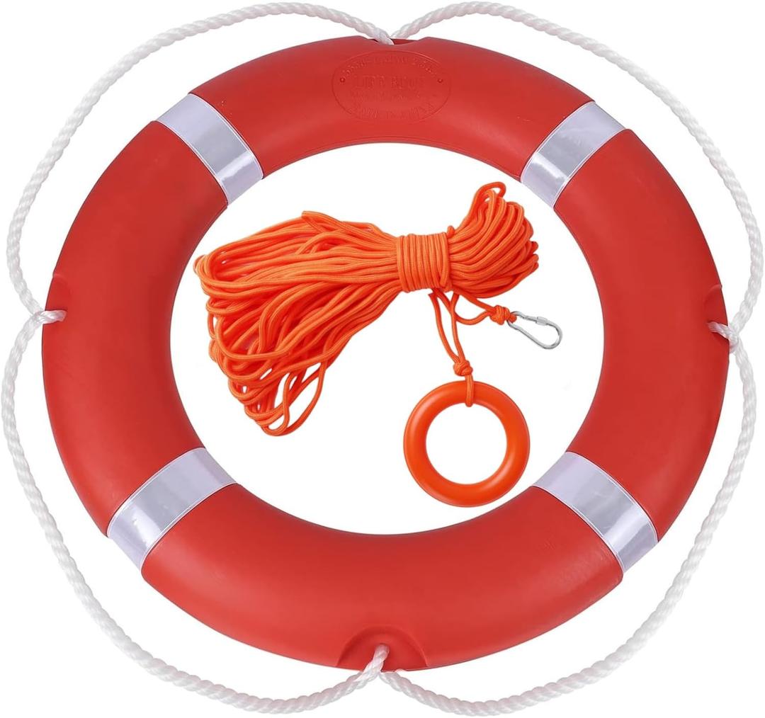 Life Ring Buoy Boat Safety Throw Ring with Water Floating Lifesaving Rope 98.4FT Set, Outdoor Professional Throwable Flotation Device (28in)