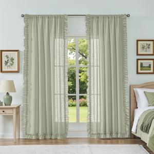 Light Sage Green Cottage Curtains 63 Inch Length 2 Panels, W47 x L63 Inch, Linen Textured Scalloped Boho Farmhouse Curtains for Bedroom, Rod Pocket Privacy Semi-Sheer Ruffled Flowy Curtain Drapes