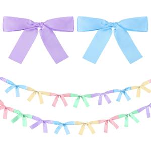 2 Pcs Pastel Bow Garland Banner 16.4 ft Pre-Strung Satin Ribbon Bow Banner for Coquette Bridal Shower Baby Shower Party Decor Supplies