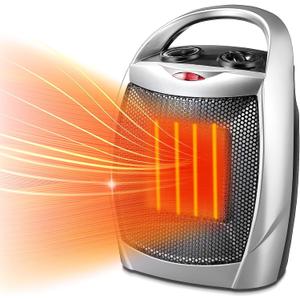 Kismile Small Electric Space Heater,Portable Ceramic Space Heater Fan for Office with Adjustable Thermostat and Overheat Protection ETL Listed for Kitchen, 750W/1500W(Silver) (Silver-Built-in Handle)