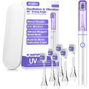 Metal Electric Toothbrush with UV Mode, Vibration and Oscillation Electric Toothbrush for Adults, 6 Brush Heads & Travel Case & Dust Cover, 5 Modes & Built in Timer, One Charge Last 120 DaySliver