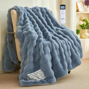 Thick Bubble Faux Fur Heated Blanket Electric Blanket 50"x60", Soft Faux Rabbit Fur with Remote Controller, Overheat Protection, 12 Time Settings, 5 Heating Level, Machine Washable (Blue)