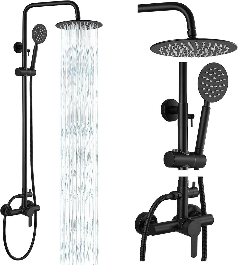 gotonovo Outdoor Shower 304 Stainless Steel, Matte Black, Single Handle | Rain 8 Inch Outdoor Shower Head with Handheld Kit Fixtures System Faucet Set with Valve Wall Mount for Seaside Backyard Pool