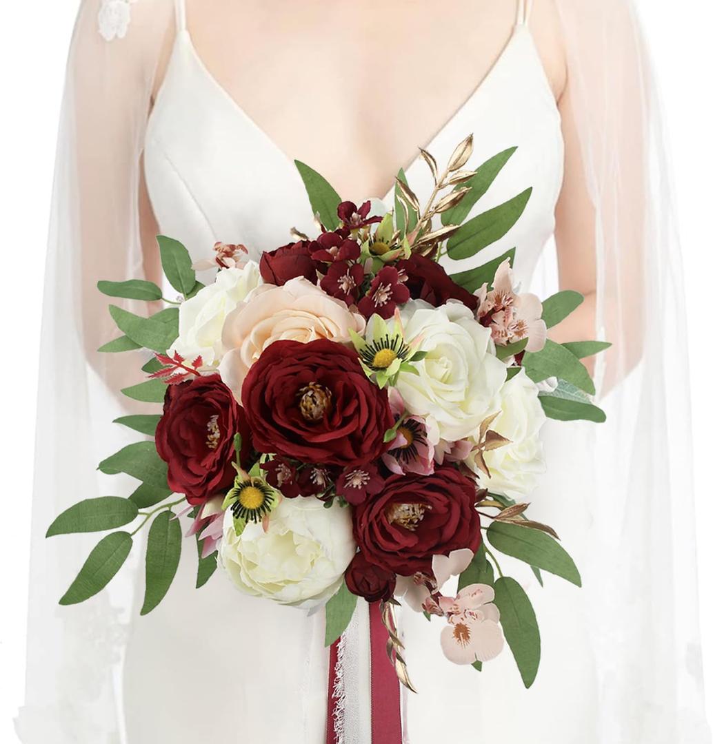 Rinlong 9" Burgundy Wedding Bouquet for Bride Fall Bridal Bouquet Artificial Flowers Marsala Red Silk Bouquet for Wedding (one)