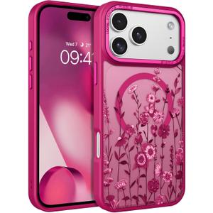 DOMAVER for iPhone 17 Pro Max Case, Magnetic Phone Case for iPhone 17 Pro Max [Compatible with MagSafe] Slim Fit Flowers Floral Design Shockproof Protective Bumper Women Men Girls Cover - Plum