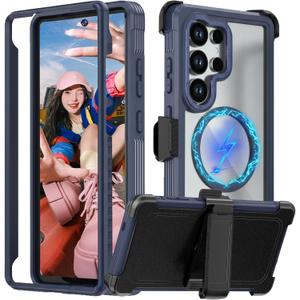 for Samsung Galaxy S26 Ultra Clear Case with Belt Clip Holster, Compatible with Magsafe, Military Grade Shockproof Cover with Swivel Holster & Kickstand for Galaxy S26 Ultra QSF-Blue