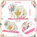 Suzile 6 Pcs First Communion Wooden Decorations Baptism God Bless Centerpiece Floral Baptism Decor for Christening Baby Shower First Communion Religious Birthday Party Supplies(Gold, Pink)
