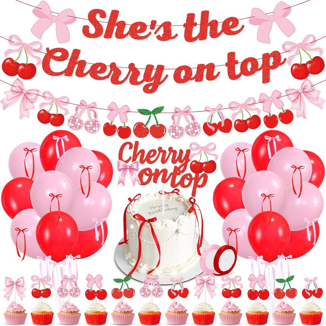 K KUMEED Cherry Party Decorations,She's The Cherry On Top Theme Banner,Summer Fruit Cherries Party Supplies Cake Topper Latex Balloons for Birthday Baby Shower Valentine's Day Wedding Bridal Shower
