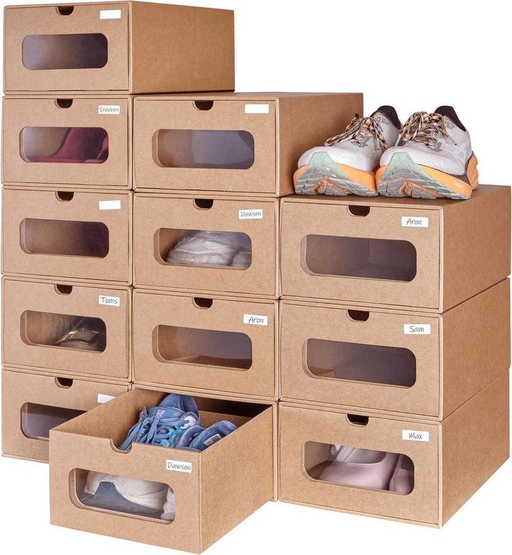 12 Pack Shoe Storage Bins, Waterproof Storage Boxes, Shoe Containers For Sneaker Display, Hat Organizer, Stack-able Cardboard Boxes, with Marking Labels, Transparent Window(13.2'' x 8.3'' x 5.1'')