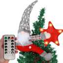 Christmas Tree Topper Gnome Decorations with Lights,21.7 Inches Handmade Embrace Christmas Tree Gnome with Lighted StarChristmas Home Decor Curtain Tie Wine Bottle DecorationGrey hat