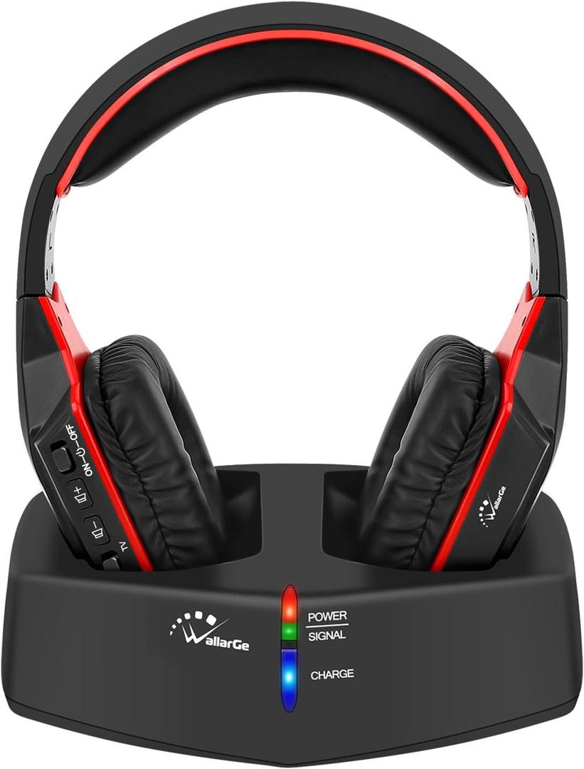WallarGe Wireless Headphones for TV Watching with RF Transmitter Charging Dock, Plug and Play, 100 Ft Wireless Range, Rechargeable 20 Hour Battery (Black with Red)