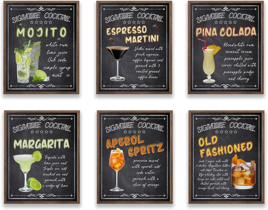 TwoDays Vintage Cocktail Bar Wall Art, Retro Bar Cart Accessories and Decor, Margarita Martini Prints for Dining Room Home Kitchen Pub Restaurant Aesthetic (Set of 6, 8" X 10", UNFRAMED)
