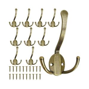 10 Pack Coat Hooks Heavy Duty, Metal Three Prongs Large Coat Hooks Wall Mounted with 20 Screws, No Rust Antique Brass Rustic Wall Hooks for Hanging Towel, Coat, Scarf, Bag, Hat, Cup, Key, missing 3