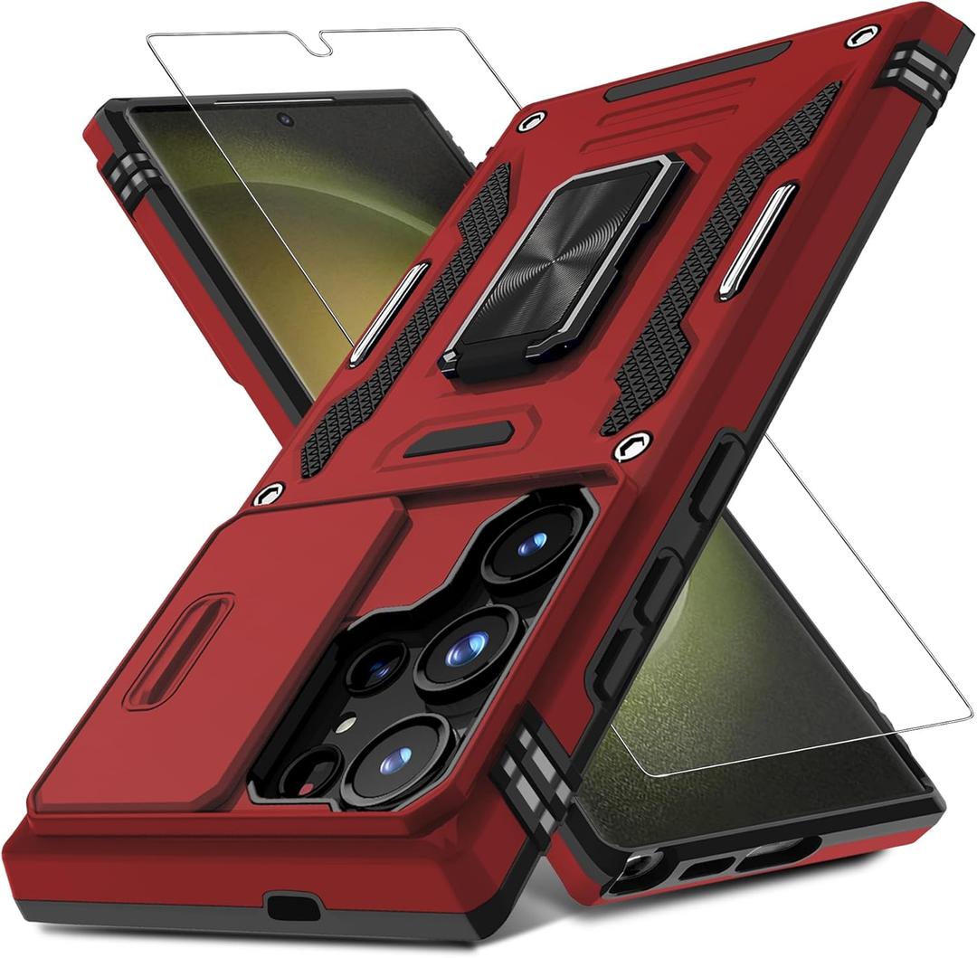 DEERLAMN Case for Samsung Galaxy S25 Ultra with Slide Camera Cover+Screen Protector (1 Pack), Rotated Ring Kickstand Military Grade Shockproof Protective Cover-Red (S25 Ultra-6.9 Inch)