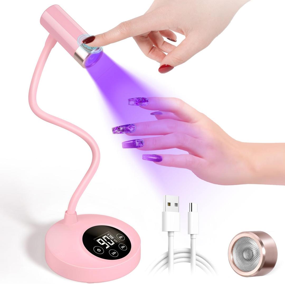 UV LED Nail Lamp, Rechargeable Gooseneck Lamp for Gel Nails 12W Quick Dry LED Nail Light Nail Dryer with 4 Timers & Auto Sensor, Professional Flash Cure Light for Gel Nails Home DIY Pink