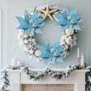 6 Pcs Large Coastal Christmas Ornaments 9.8 Ocean Beach Artificial Poinsettias Christmas Tree Decor Blue Glitter Poinsettia Flower Picks with Starfish Sea Shells for Xmas Tree Decor Wreath Garland