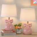 Pink Bow Table Lamps Set of 2 for Girl's Room, 19" Ceramic Cute Lamps for Bedroom, Classic Bedside Lamps for Nightstand, Modern Table Lamp for Living Room with Rotary Swtich (Bulbs Included)