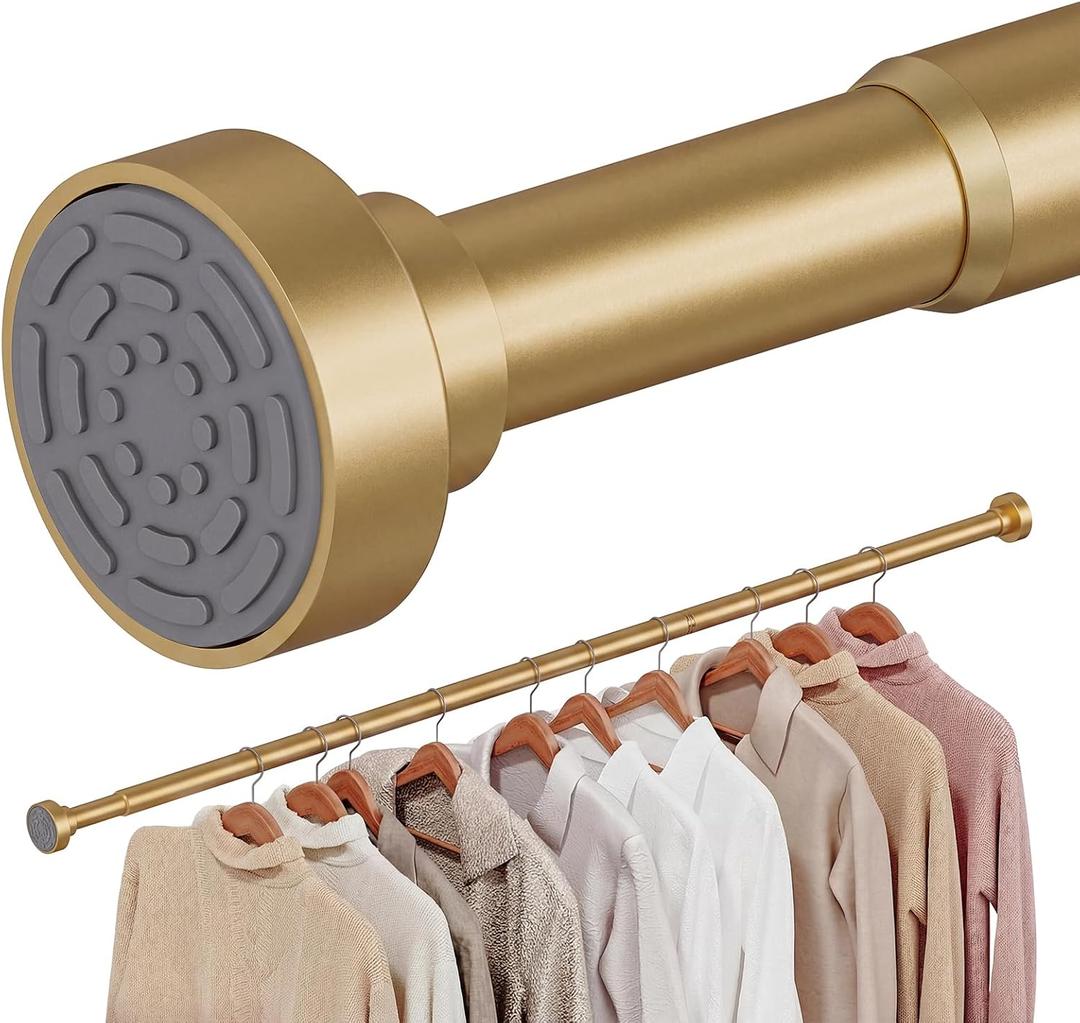 No Drilling Closet Rods for Hanging Clothes, Non Slip Tension Rod with Heavy Duty Clothes Hanging Rod, 17-69 Inches Adjustable Spring Closet Rod for Closet Wardrobe Bathroom Laundry RV, Golden