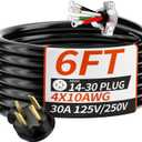 6 FT 4 Prong Dryer Cord 30 AMP Black, 10/4 Gauge Dryer Extension Cord Heavy Duty, NEMA 14-30P to 4-Wire Appliance Power Cable, ETL Listed