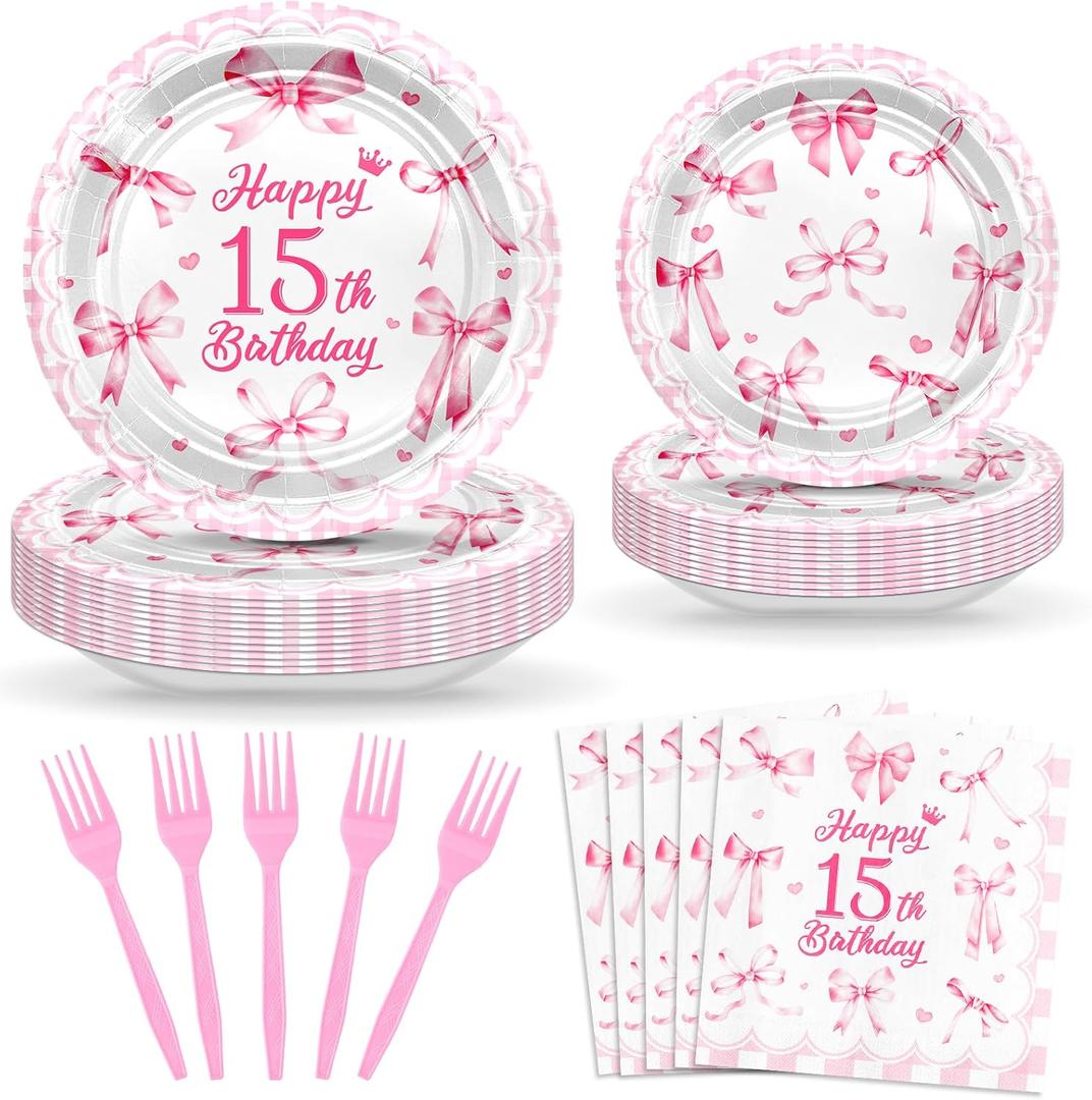 Avezano 96pcs 15th Birthday Decorations for Girls 15th Birthday Plates and Napkins Pink Bow Disposable 15 Years Old Party Decorations Serve 24 Guests