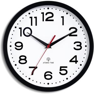 Roymnie Atomic Wall Clock 10 Inch, Modern Clock Battery Operated Classic Analog Decorative for Kitchen, Living Room, Office, Bedroom, Bathroom (Black)