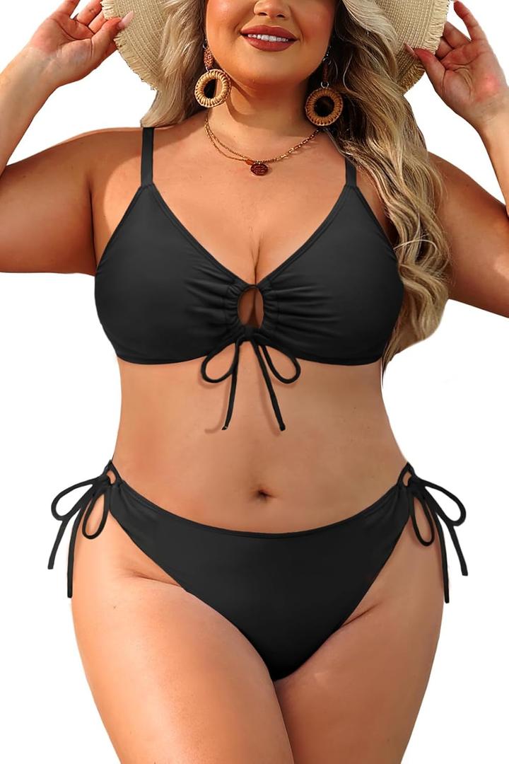 Women's Plus Size Triangle Bikini Set, Sexy Tie Front Two-Piece Swimsuit Black 16 Plus