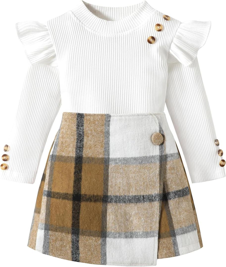 Toddler Girl Clothes,Girls Outfits Long Sleeve Ruffle Button Tops + Plaid Skirt Shorts + Hat 3Pc Little Girls Clothes (6-7T, White+brown Plaid)