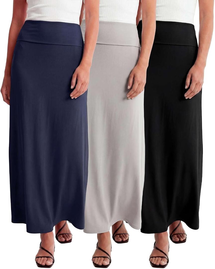 3 Pack Women's Maxi Skirts Long Flowy High Waisted Summer Work Casual Party (L)