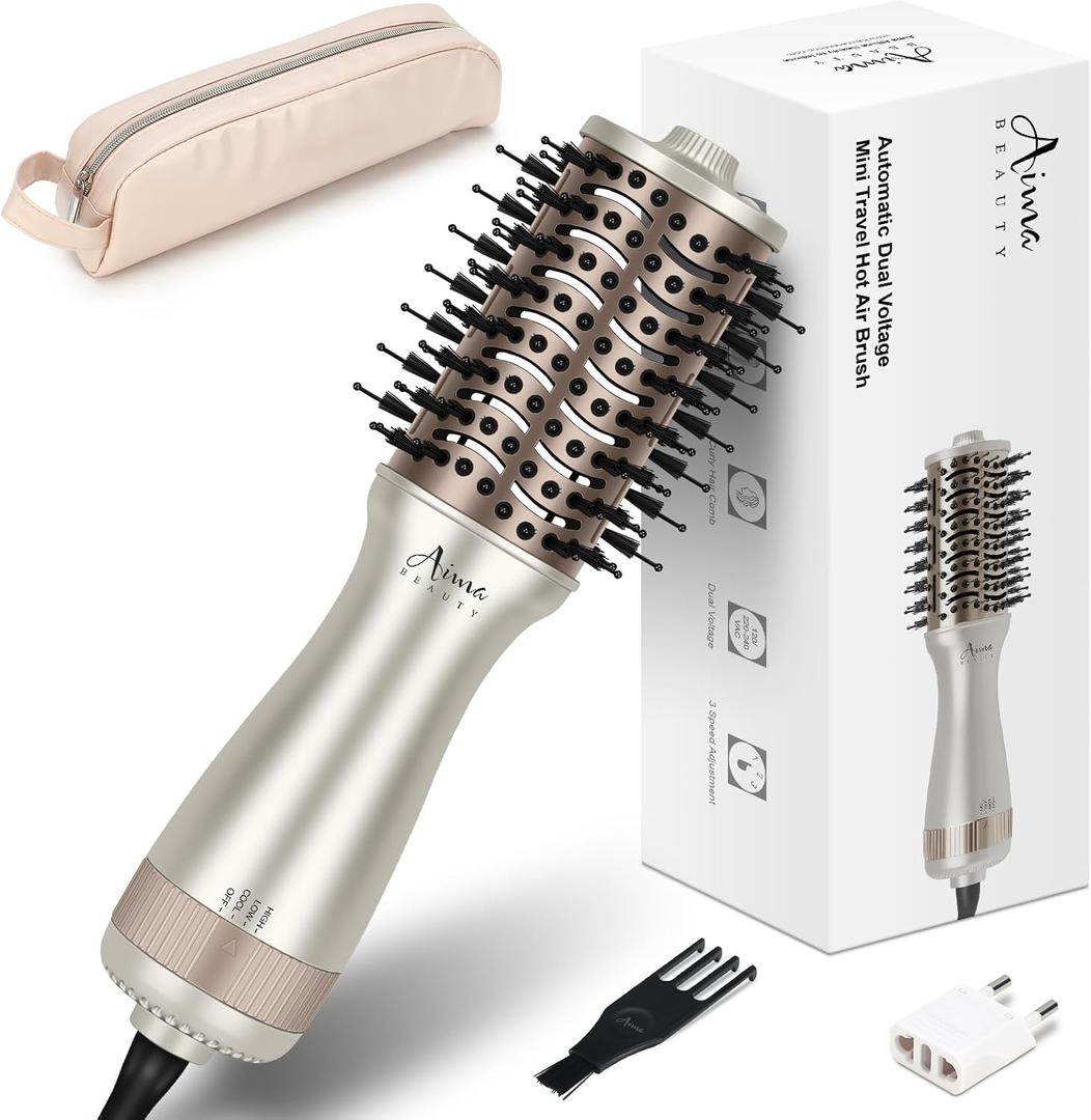 Aima Beauty Small Auto Dual Voltage Hair Dryer Brush Cool Shot Hot Air | Travel 2 Inch Oval Barrel Lift Hair Root Negative Ionic Frizz-Free Straightening/Volumizing/Detangle/Drying Champagne Silver